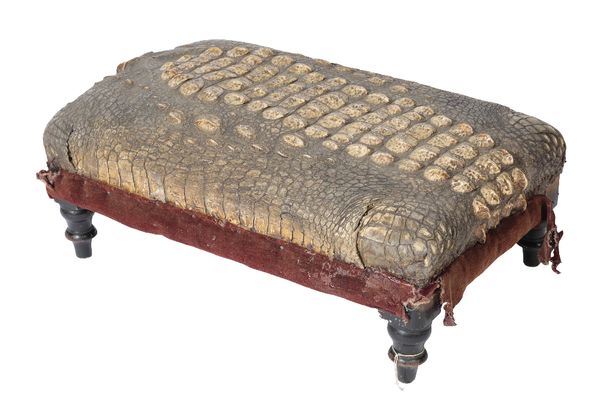 VICTORIAN CROCODILE SKIN AND VELVET-UPHOLSTERED FOOTSTOOL