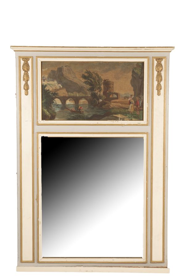 A PAINTED WOOD FRAMED TRUMEAU MIRROR IN 18TH CENTURY TASTE