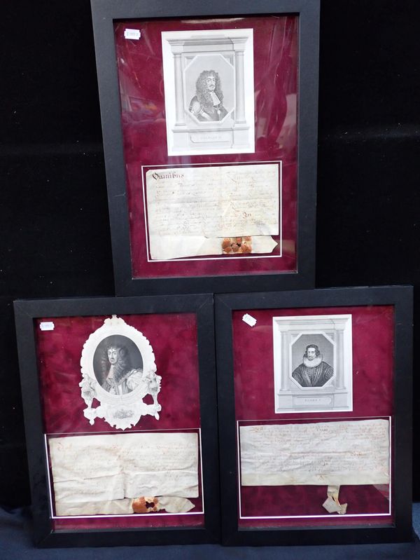 THREE FRAMED MANUSCRIPT PROCLAMATIONS OR LETTERS
