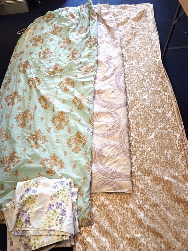 FOUR PAIRS OF CURTAINS; ONE PAIR COUNTRY HOUSE STYLE WITH LILAC SCROLL PATTERN