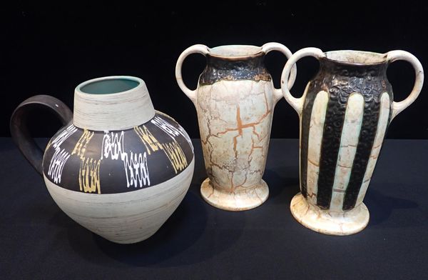 A PAIR OF WEST GERMAN VASES WITH TEXTURED GLAZES