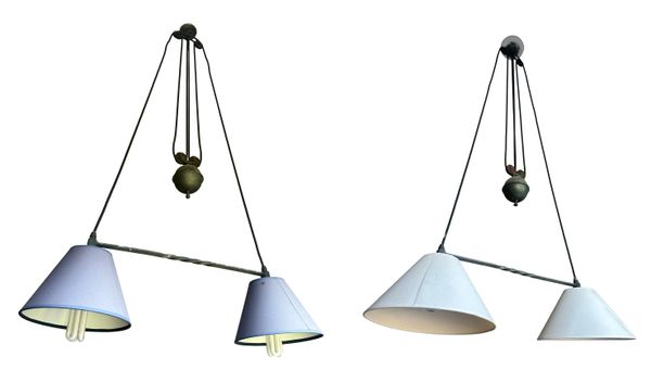 A PAIR OF BRASS 'RISE AND FALL' CEILING LIGHTS