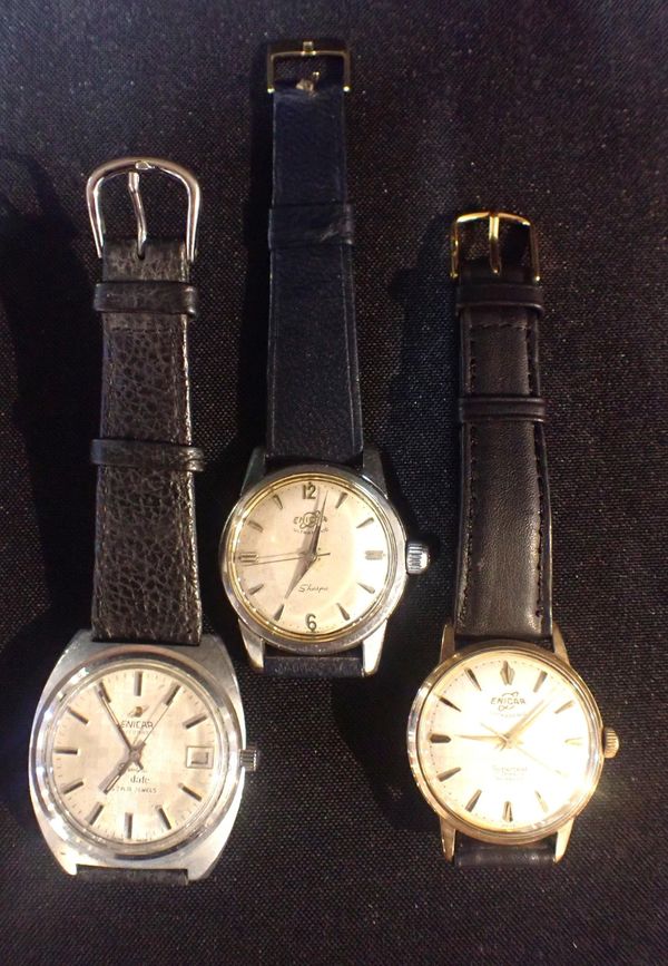 AN ENICAR STAINLESS STEEL WRIST WATCH