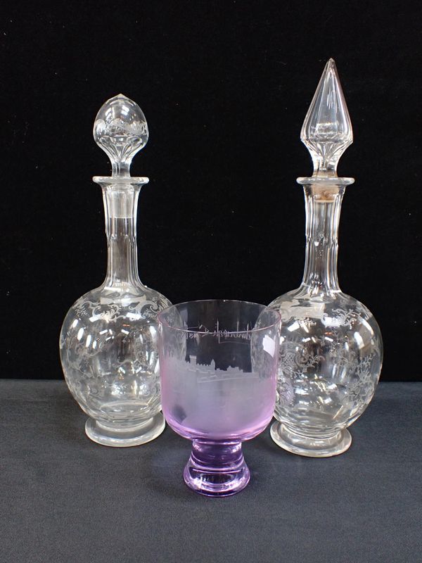 TWO VICTORIAN ETCHED DECANTERS