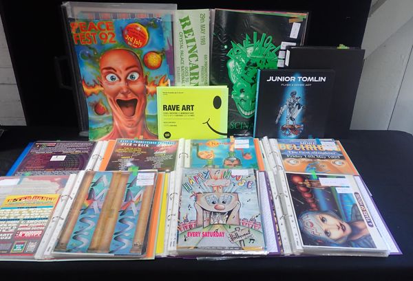 A LARGE COLLECTION OF RAVE FLYERS AND POSTERS