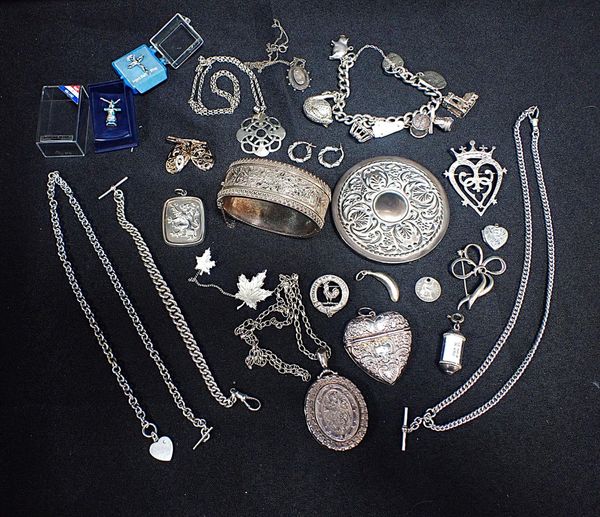 A SILVER LOCKET, A CHARM BRACELET