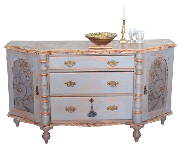 A PAINTED WOOD AND SIMULATED MARBLE SIDEBOARD