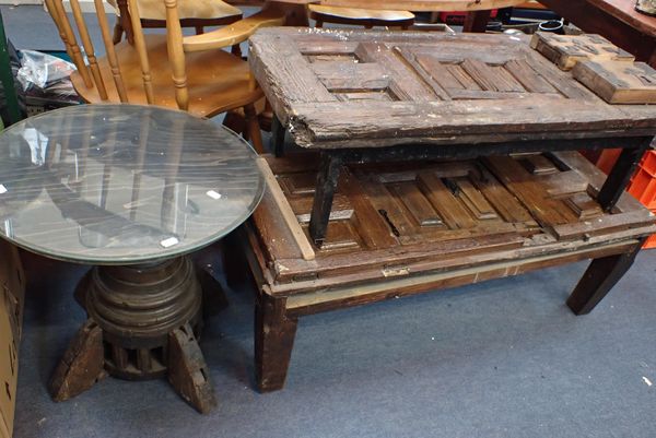 TWO SIMILAR COFFEE TABLES MADE FROM OLD PANELLED DOORS