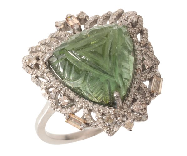 A CARVED TOURMALINE AND DIAMOND COCKTAIL RING