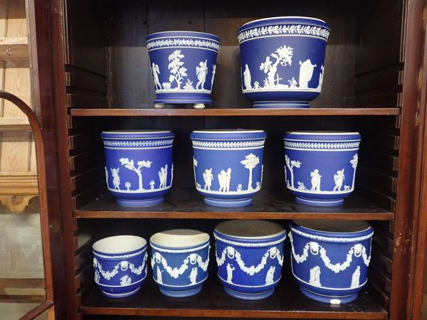 NINE BLUE JASPERWARE CACHE-POTS