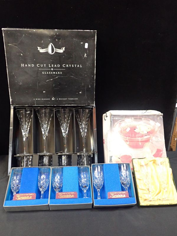 BOXED SETS OF CUT CRYSTAL GLASS; HARRODS, TIENSHAN, TEARDROP