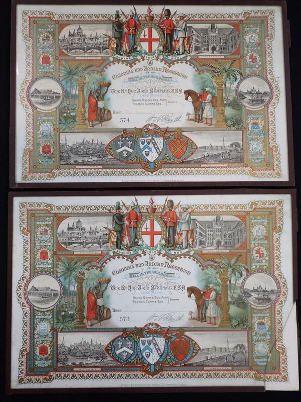 TWO TICKETS FOR THE 'COLONIAL AND INDIAN RECEPTION BALL IN THE GUILDHALL'