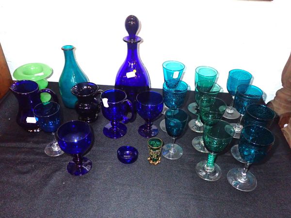 A ‘BRISTOL BLUE’ GLASS BOTTLE SHAPE DECANTER WITH STOPPER