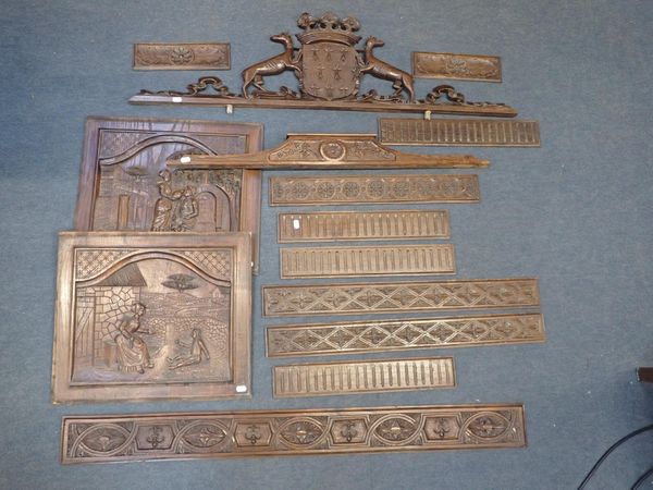 A COLLECTION OF CARVED OAK PANELS AND CRESTING