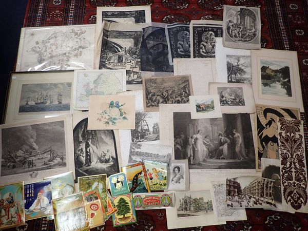 A QUANTITY OF  UNFRAMED PRINTS AND OTHER ITEMS