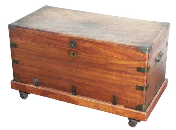 A CAMPHOR WOOD AND BRASS BOUND CAMPAIGN TRUNK