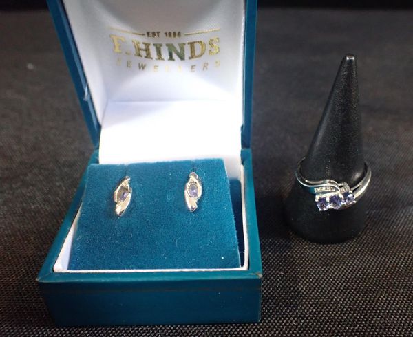 A 9ct TANZANITE RING AND EARRINGS SUITE