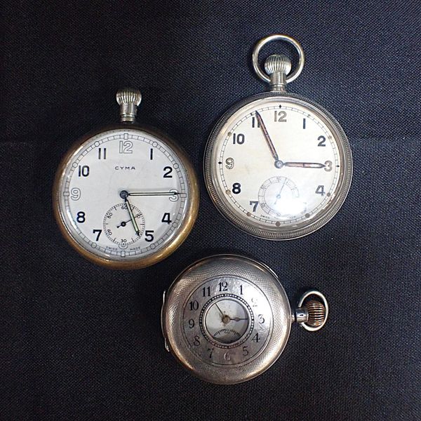 A SILVER CASED HALF HUNTER POCKET WATCH