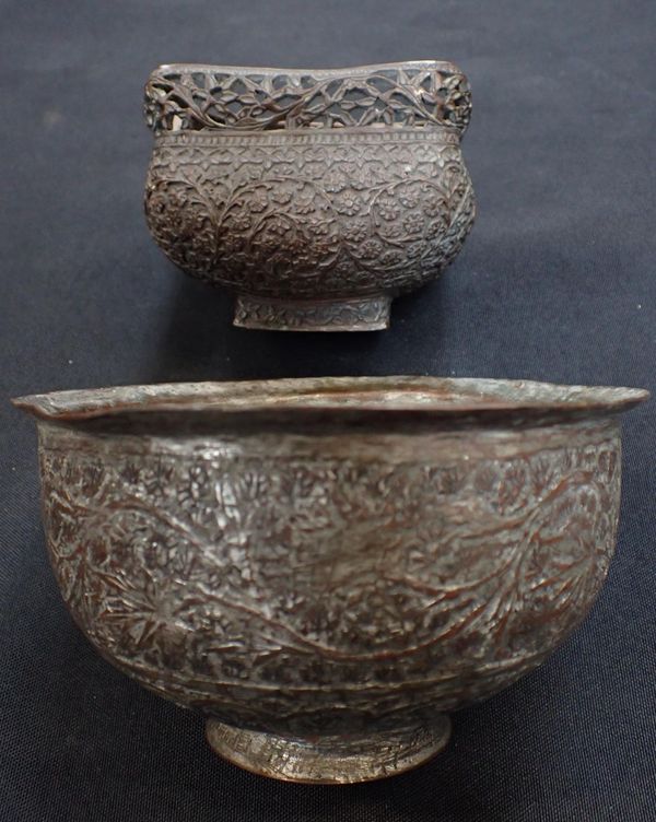 A PERSIAN COPPER BOWL, WITH PROFUSE FLORAL DECORATION