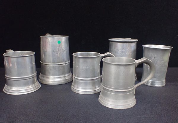 SIX OLD PEWTER BEER MUGS