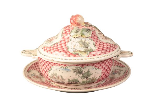 A FRENCH FAIENCE BOWL, COVER AND STAND