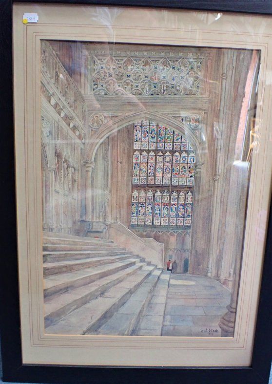 S J NASH: CATHEDRAL INTERIOR, WATERCOLOUR