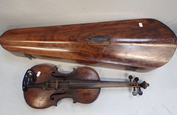 A 19TH CENTURY VIOLIN, STAMPED 'MARCHANT' BELOW THE  'D', WITH TWO-PIECE BACK