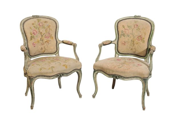 A SET OF FOUR GEORGE III GREEN AND WHITE PAINTED OPEN ARCMCHAIRS