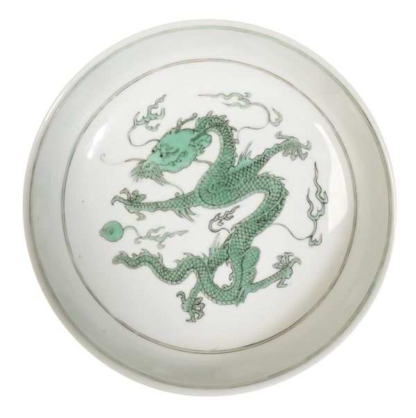 GREEN-ENAMELLED 'DRAGON' DISH, KANGXI SIX CHARACTER MARK AND OF THE PERIOD