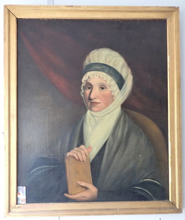 19TH CENTURY SCHOOL: PORTRAIT OF A LADY WEARING A WHITE SCARF AND BONNET