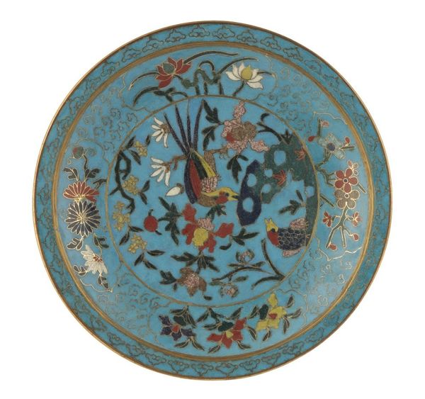 CLOISONNE ENAMEL TURQUOISE-GROUND POLYCHROME CIRCULAR DISH, MING DYNASTY, EARLY 17TH CENTURY