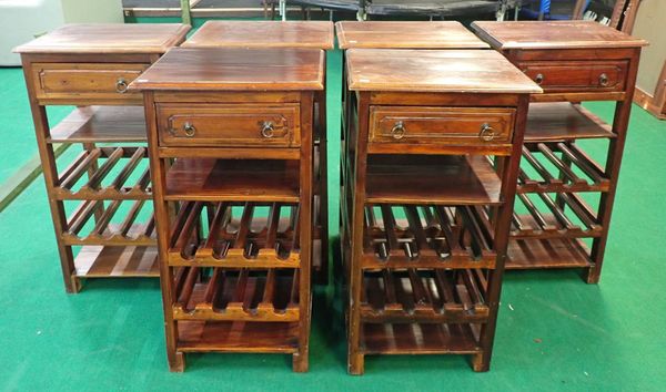 A GROUP OF SIX STAINED WOOD SIDE TABLES/WINE RACK