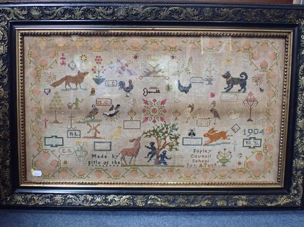 A SAMPLER,  DATED 1904, A COMBINED WORK