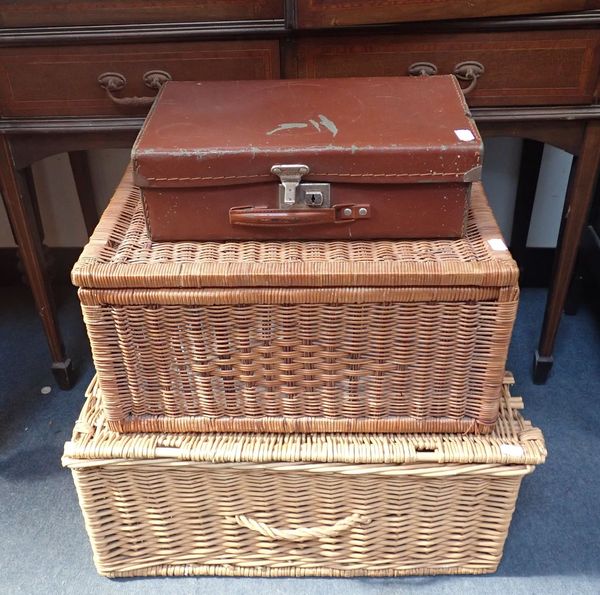 TWO WICKER HAMPER BASKETS AND A SMALL CASE
