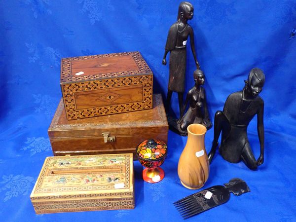 A VICTORIAN PARQUETRY BOX, TRIBAL DECORATIVE CARVED FIGURES