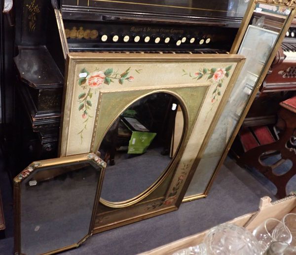 A WALL MIRROR WITH FLORAL PAINTED FRAME