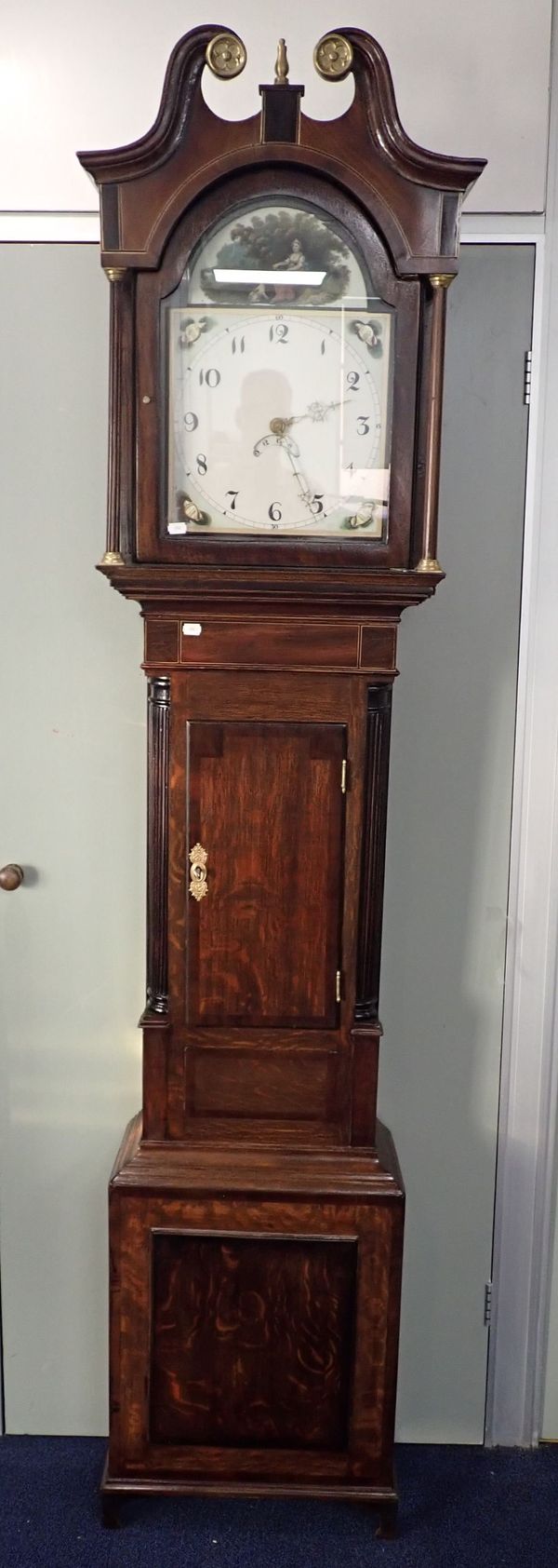 A 19TH CENTURY OAK AND MAHOGANY  30 HOUR LONGCASE CLOCK