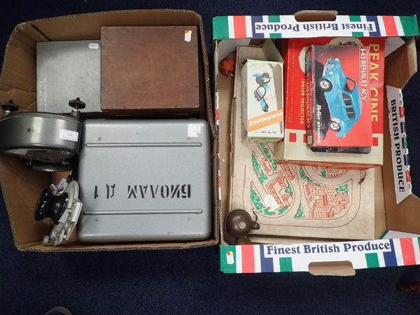 A BOXED HUNGARIAN TINPLATE TOY CAR SET, A CAMBRIDGE FLUXMETER, MICROSCSOPE