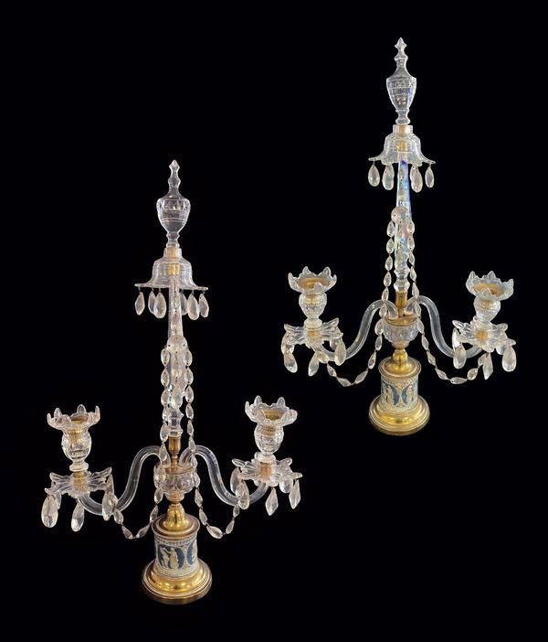 A PAIR OF GEORGE III BLUE AND WHITE JASPERWARE AND CUT-GLASS  TWO-LIGHT CANDELABRA