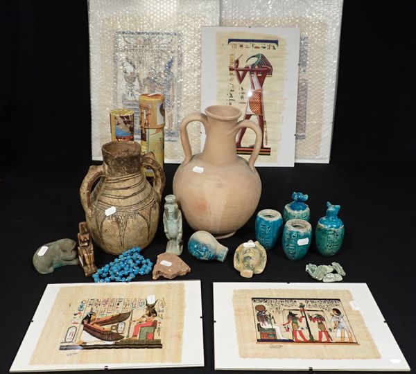 SIX EGYPTIAN PAPYRUS PRINTS, AND OTHER EGYPTIAN ITEMS