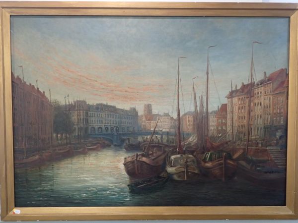 A CONTINENTAL CITY HARBOUR, WITH MOORED BOATS, OIL ON CANVAS