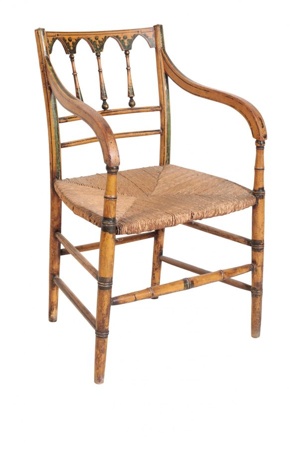 A GEORGE III PAINTED WOOD ELBOW CHAIR,