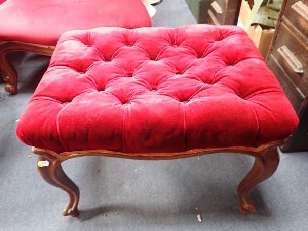 A VICTORIAN WALNUT FOOTSTOOL, A REPRODUCTION  MARQUETRY DINING TABLE