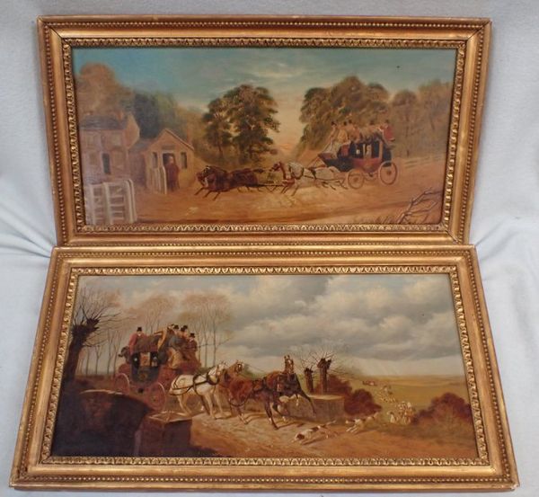 A PAIR OF 19TH CENTURY OIL ON PANEL COACHING SCENES