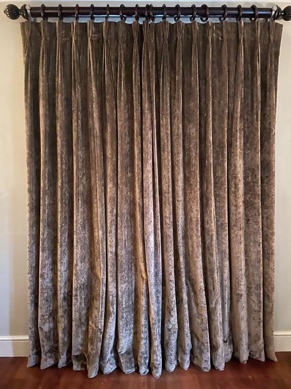 TWO PAIRS BROWN/CREAM CHENNILE CURTAINS WITH POLES