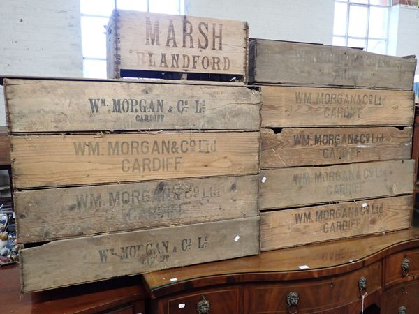 A  VINTAGE BOTTLE CRATE; 'MARSH, BLANDFORD', AND OTHER CRATES