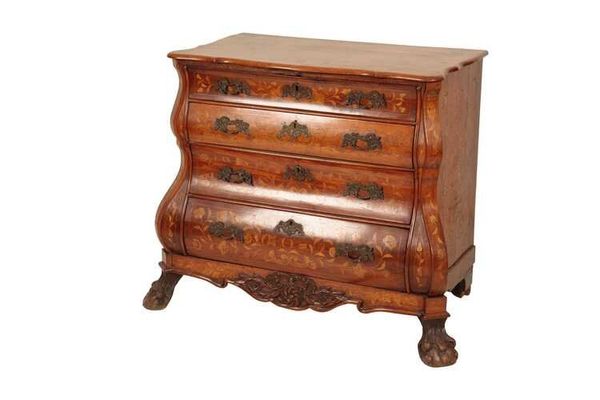 A DUTCH WALNUT AND MARQUETRY BOMBE CHEST OF DRAWERS,