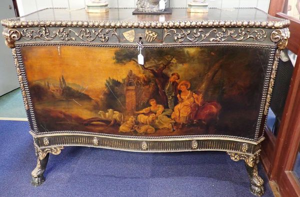 A PAINTED SERPENTINE CHEST, 18TH CENTURY STYLE