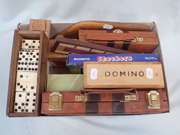 A BOX OF BONE DOMINOES AND OTHER ITEMS