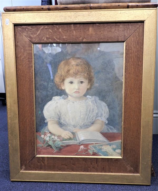 MARY D. TOTHILL: LITTLE GIRL READING, WITH FLOWERS, WATERCOLOUR